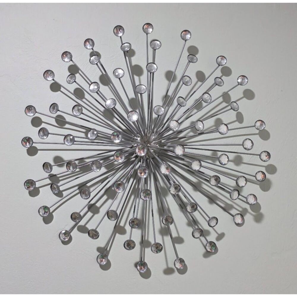 MCM SUNBURST WALL ART SCULPTURE 20” Silver METAL & GLASS/Acrylic STARBURST